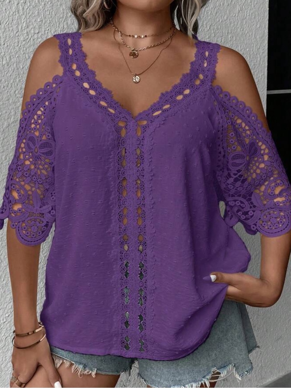 Purple Lace Cold-Shoulder V-Neck Blouse